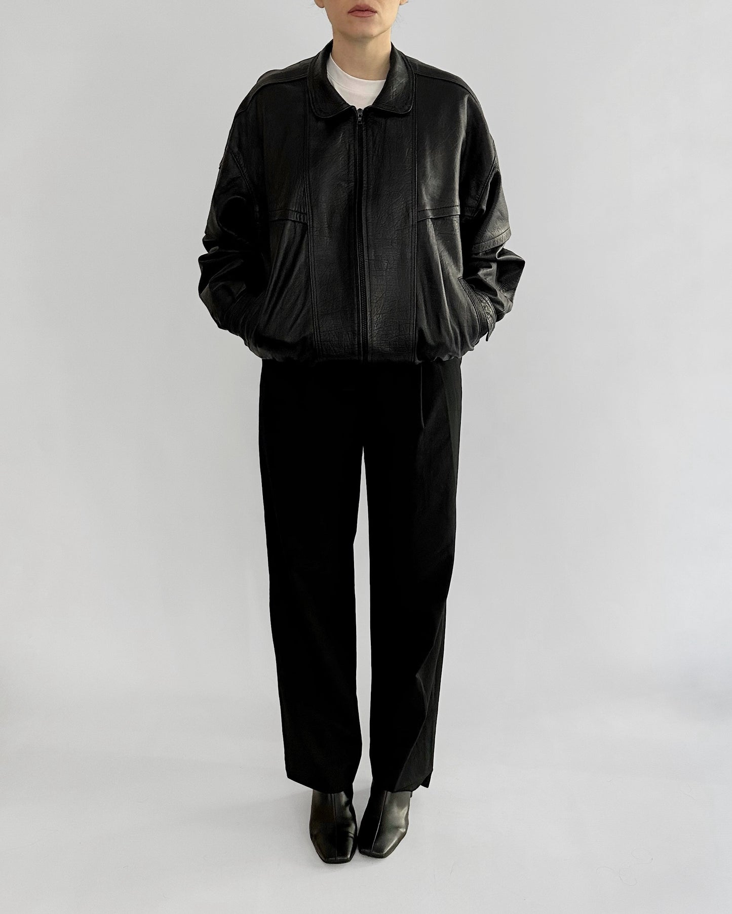 80s Black Sheepskin Leather Bomber Jacket