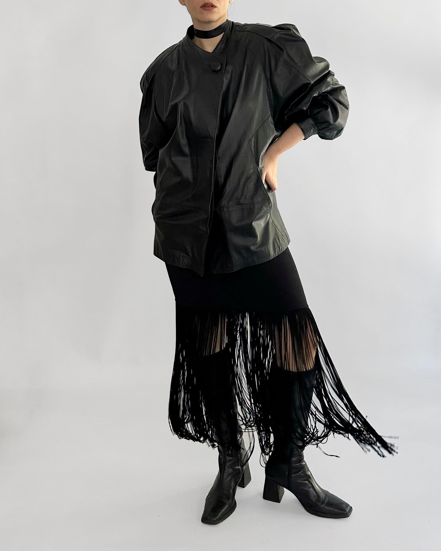 80s Black Puff Sleeve Sheep Leather Jacket