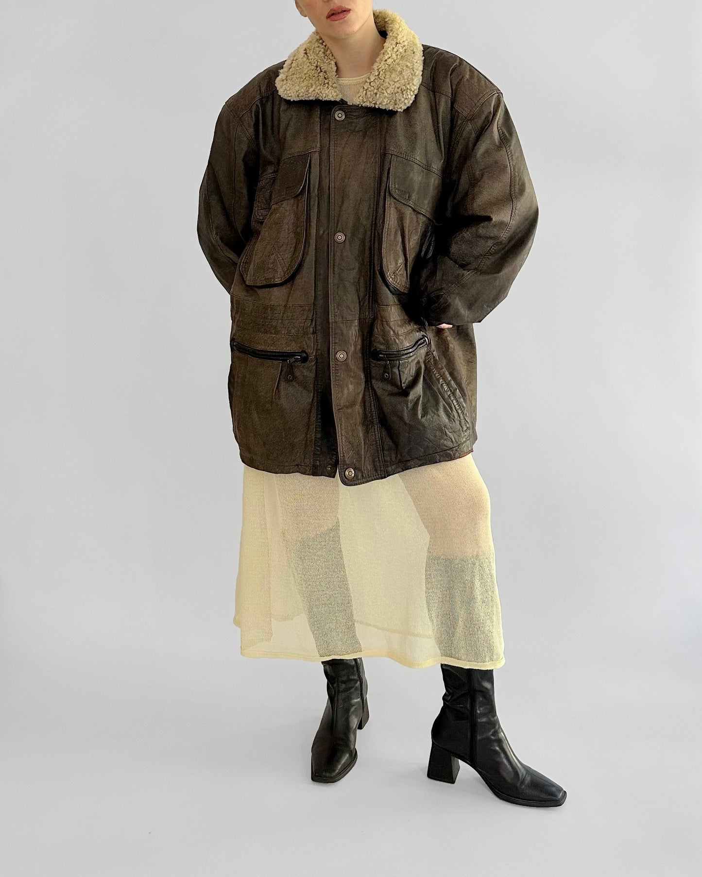 80s Brown Cowhide Leather Field Jacket – Detachable Shearling Collar