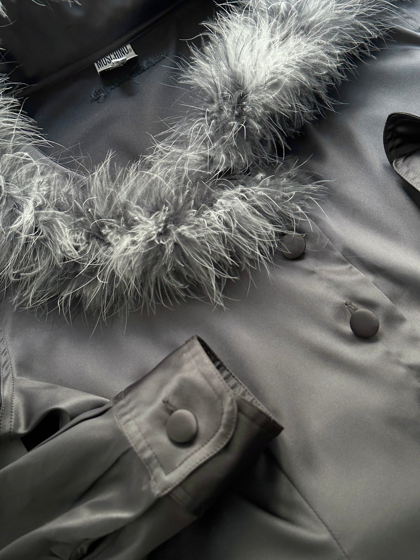 90s Moschino Feather Collar Grey Satin Shirt