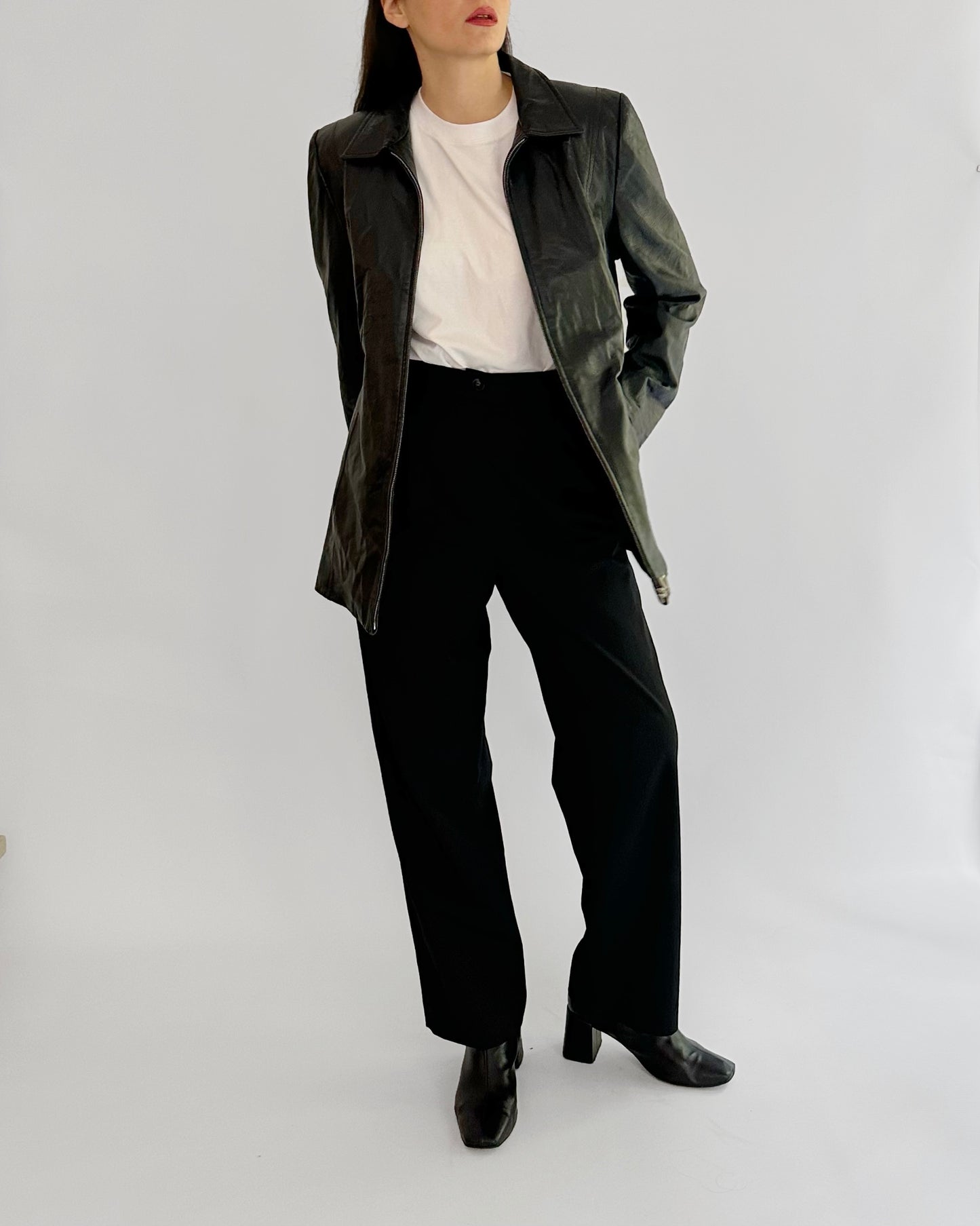 90s Black Sheepskin Zip-Up Leather Jacket