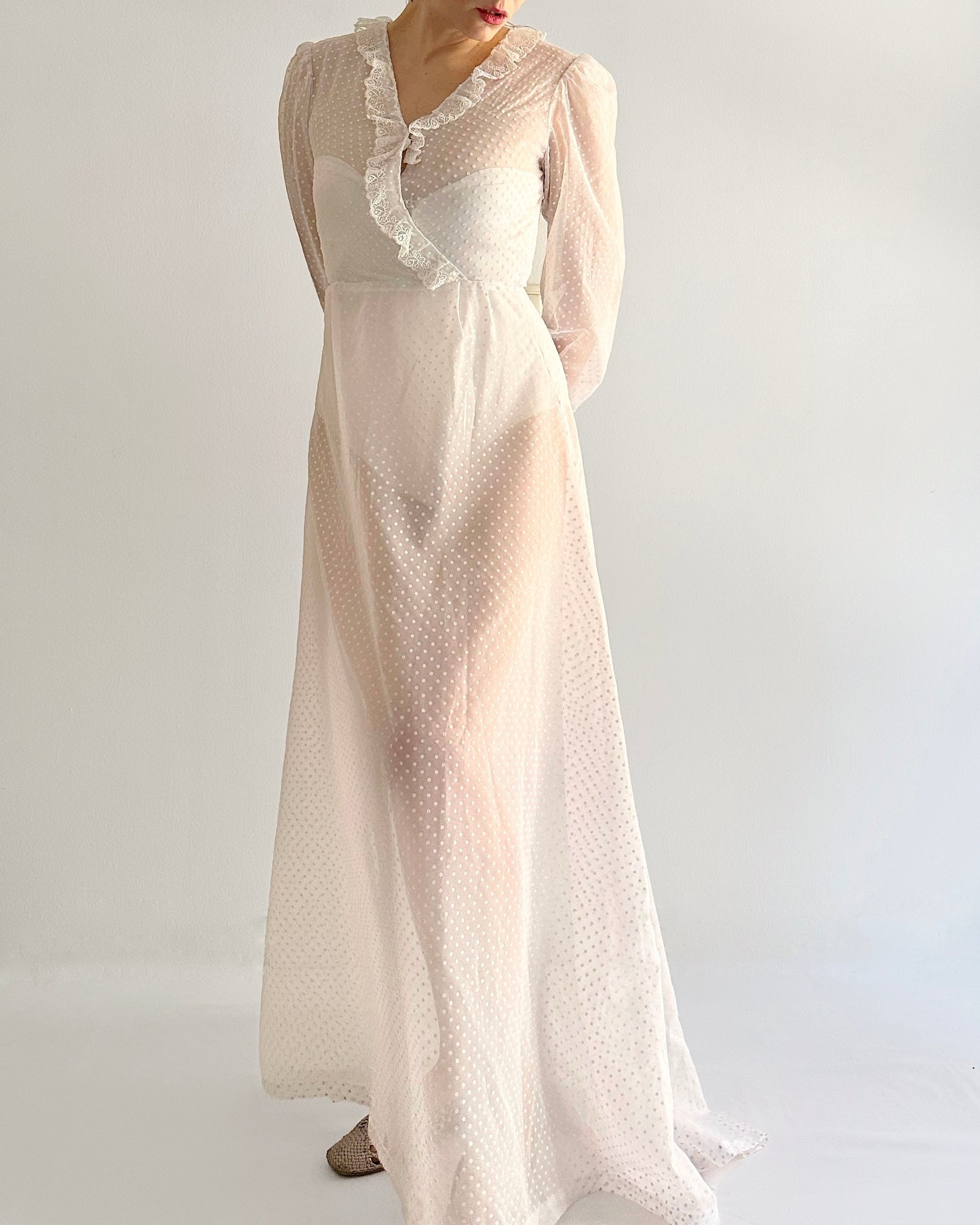 70s/80s Sheer White Polka Dot Dress