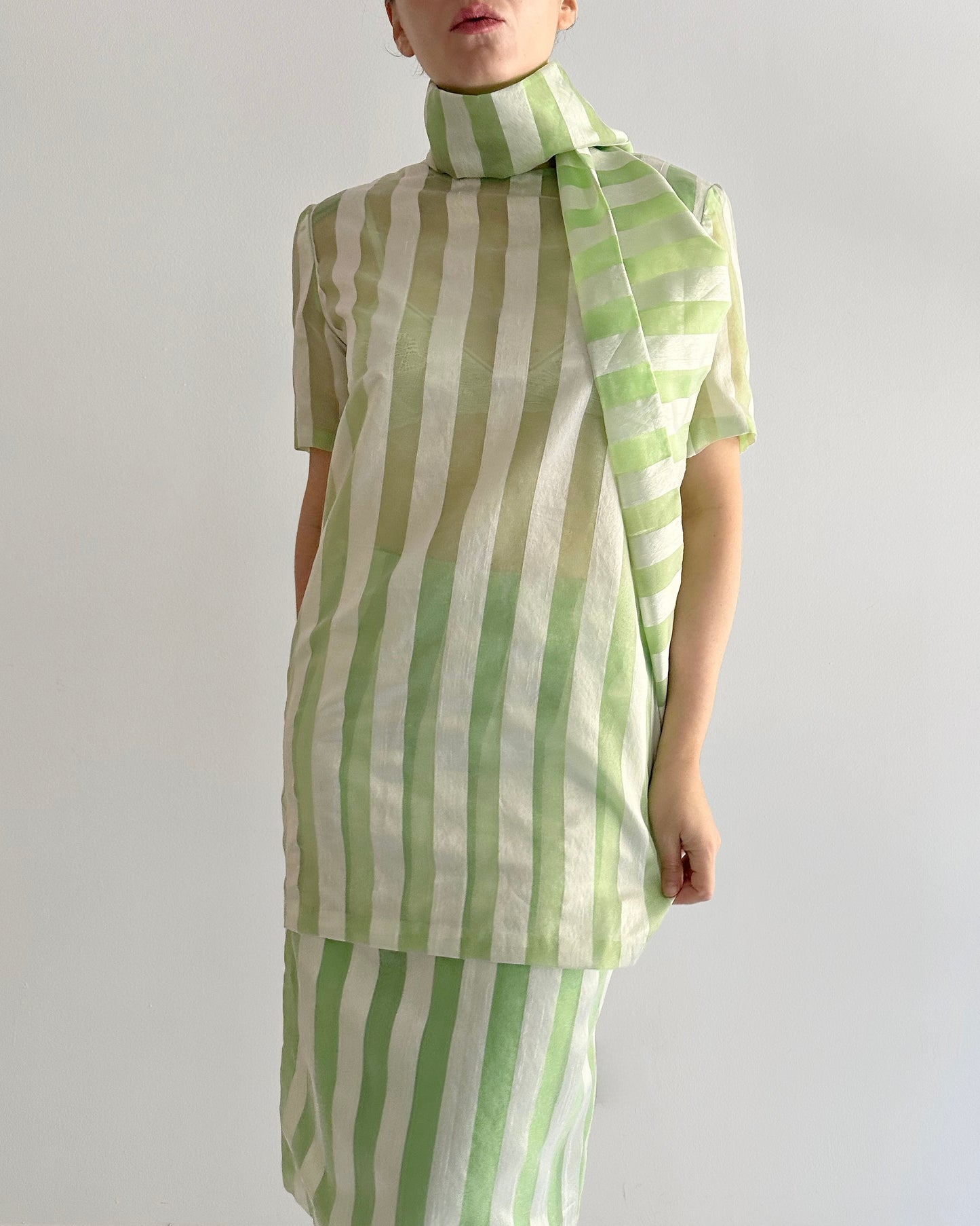 Vintage Handmade Organza Striped Sheer 3-Piece Set