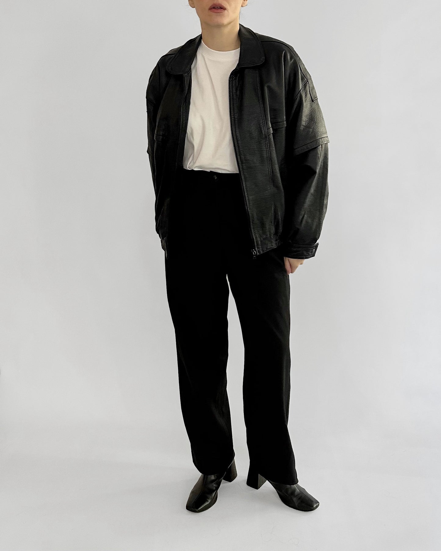 80s Black Sheepskin Leather Bomber Jacket
