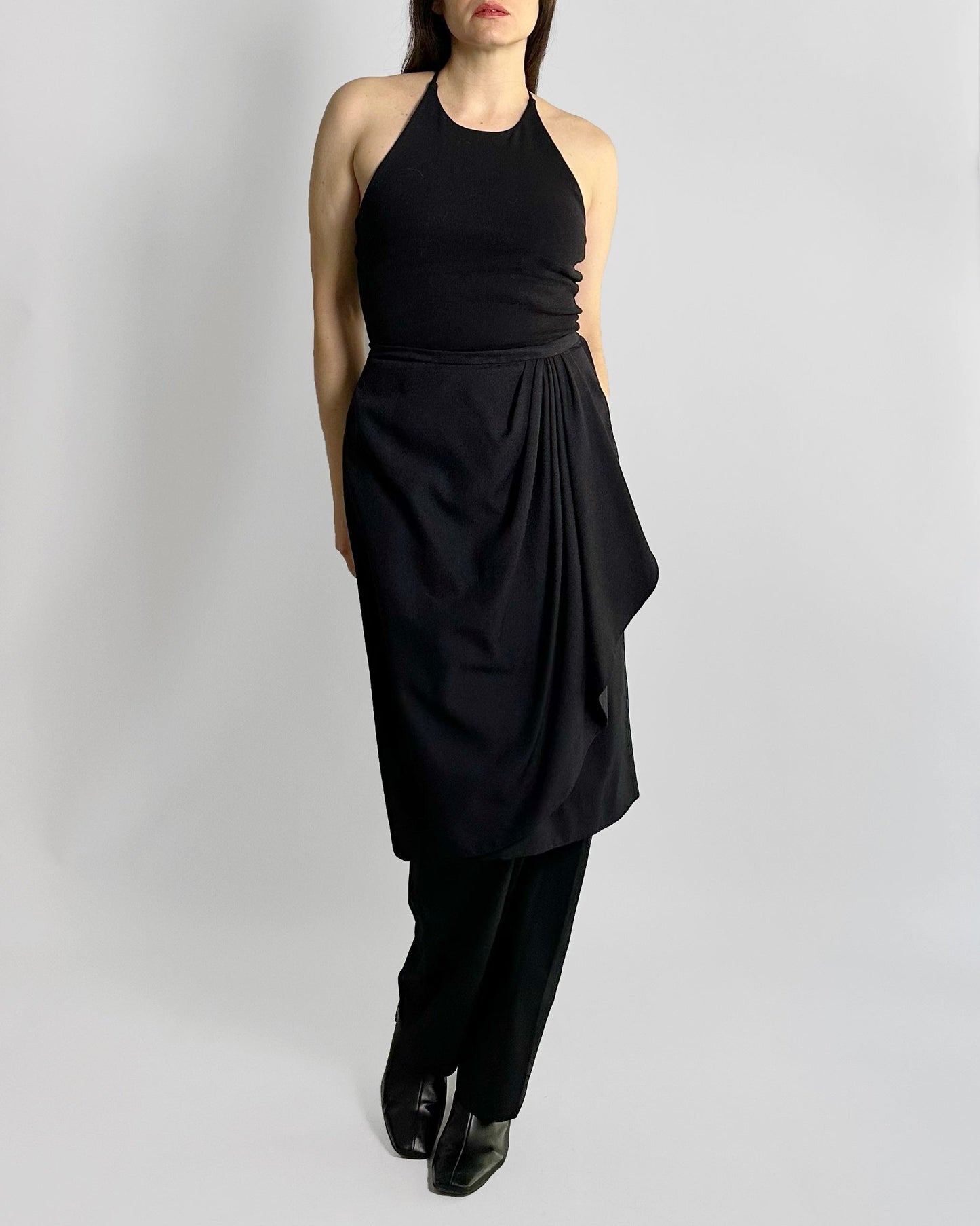 90s Black Draped Midi Skirt