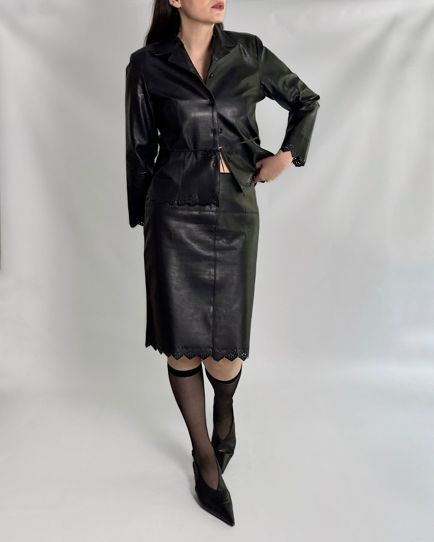 90s Black Eco Leather Skirt Suit