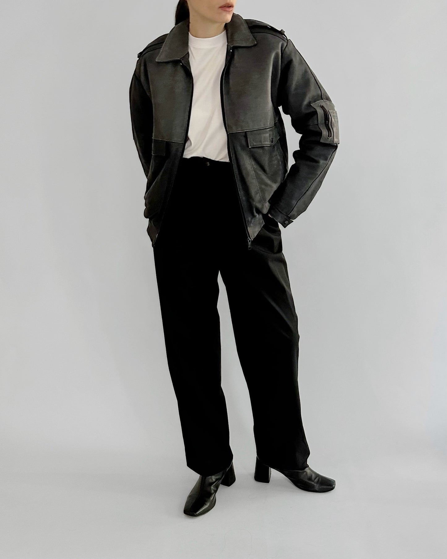 80s Dark Grey Leather Bomber Jacket