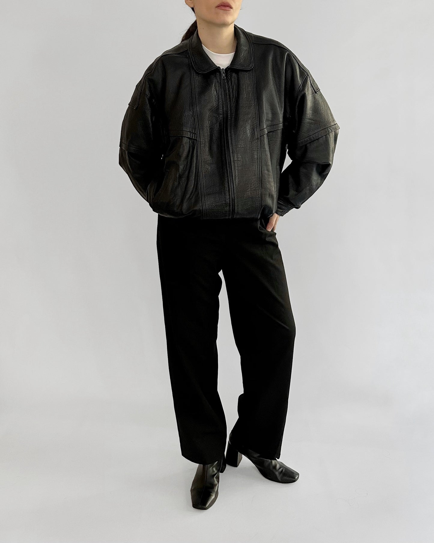 80s Black Sheepskin Leather Bomber Jacket