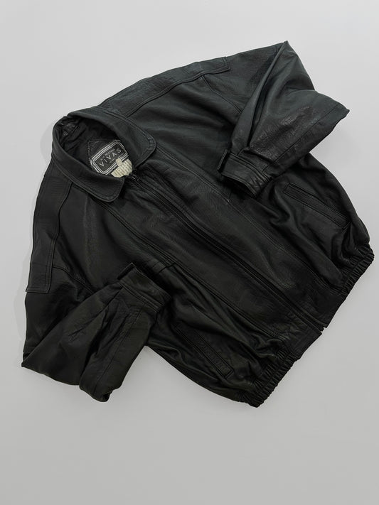 80s Black Sheepskin Leather Bomber Jacket