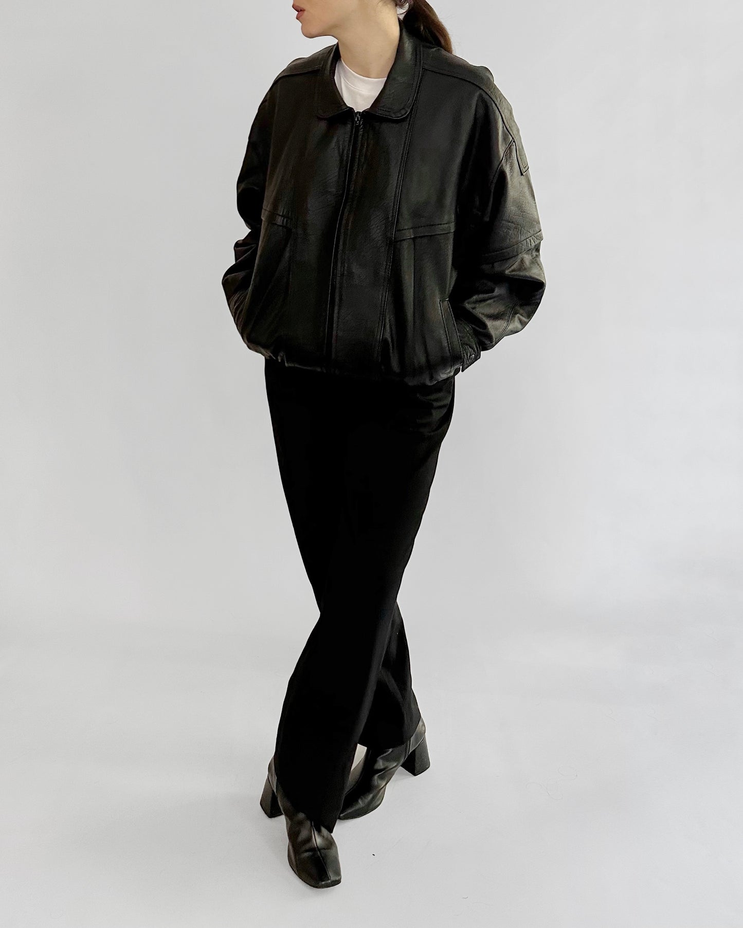 80s Black Sheepskin Leather Bomber Jacket
