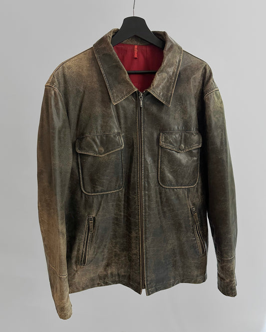 Y2K Distressed Brown Leather Zip-Up Jacket