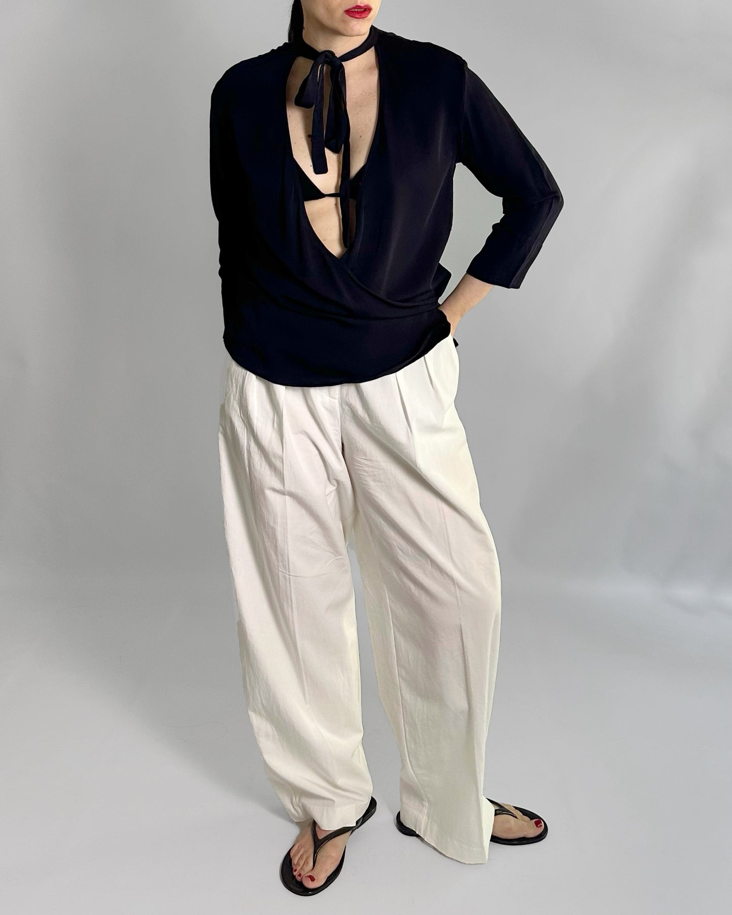 Theory Black Pure Silk Wrap Blouse