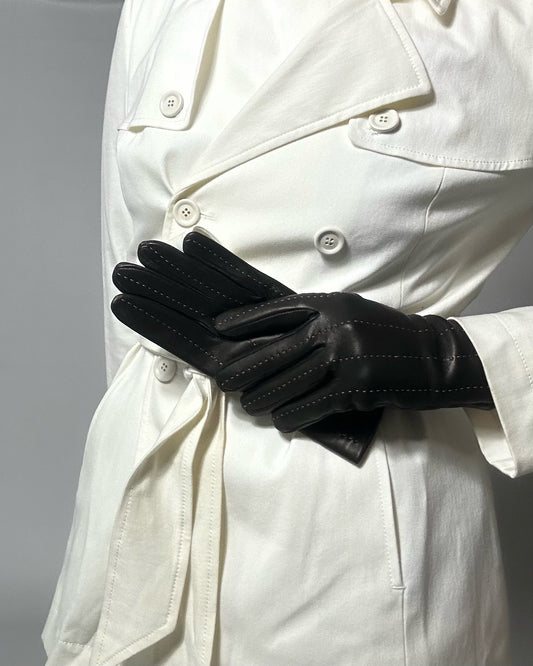 90s Black Beige Leather Gloves - Size 7 1/2, NOS