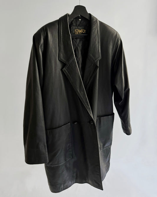 80s Black Leather Midi Coat