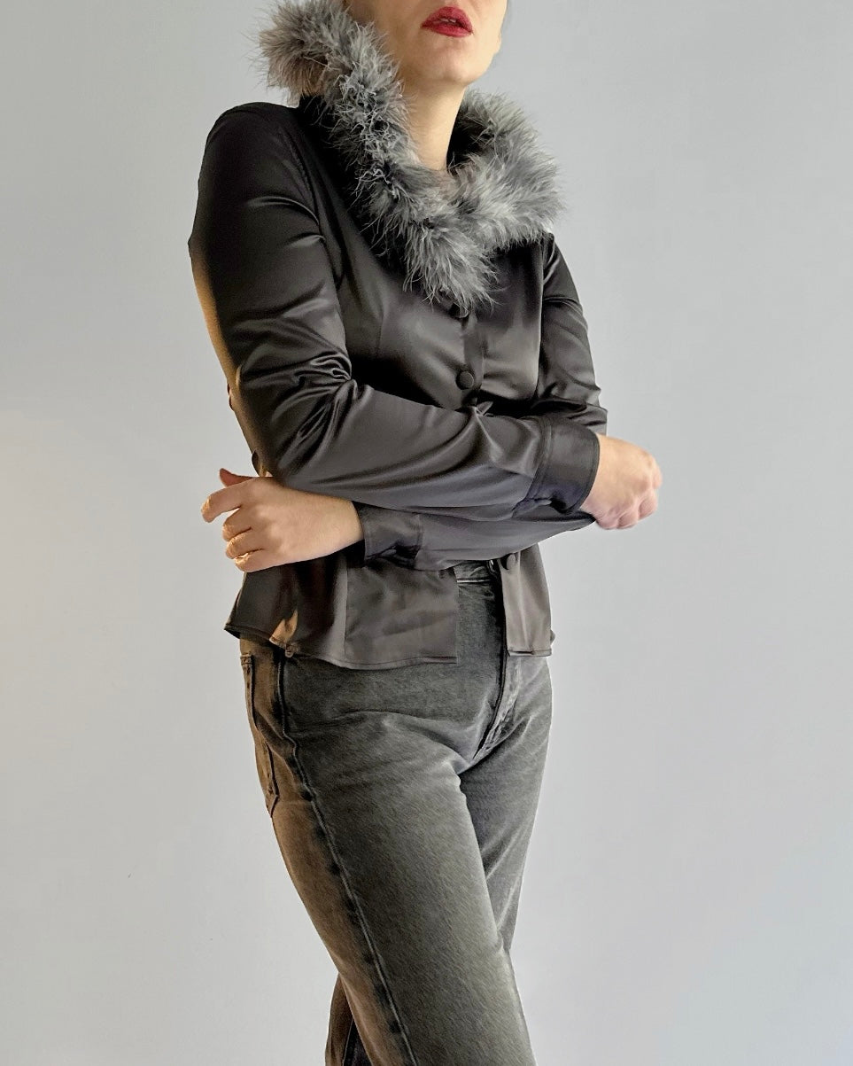 90s Moschino Feather Collar Grey Satin Shirt