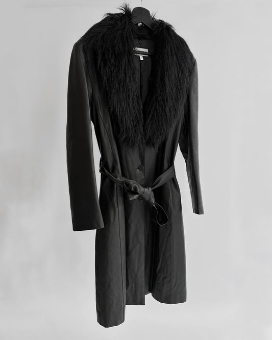 2000s Black Faux Leather Coat with Detachable Faux Fur Collar