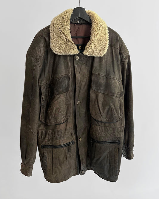 80s Brown Cowhide Leather Field Jacket – Detachable Shearling Collar