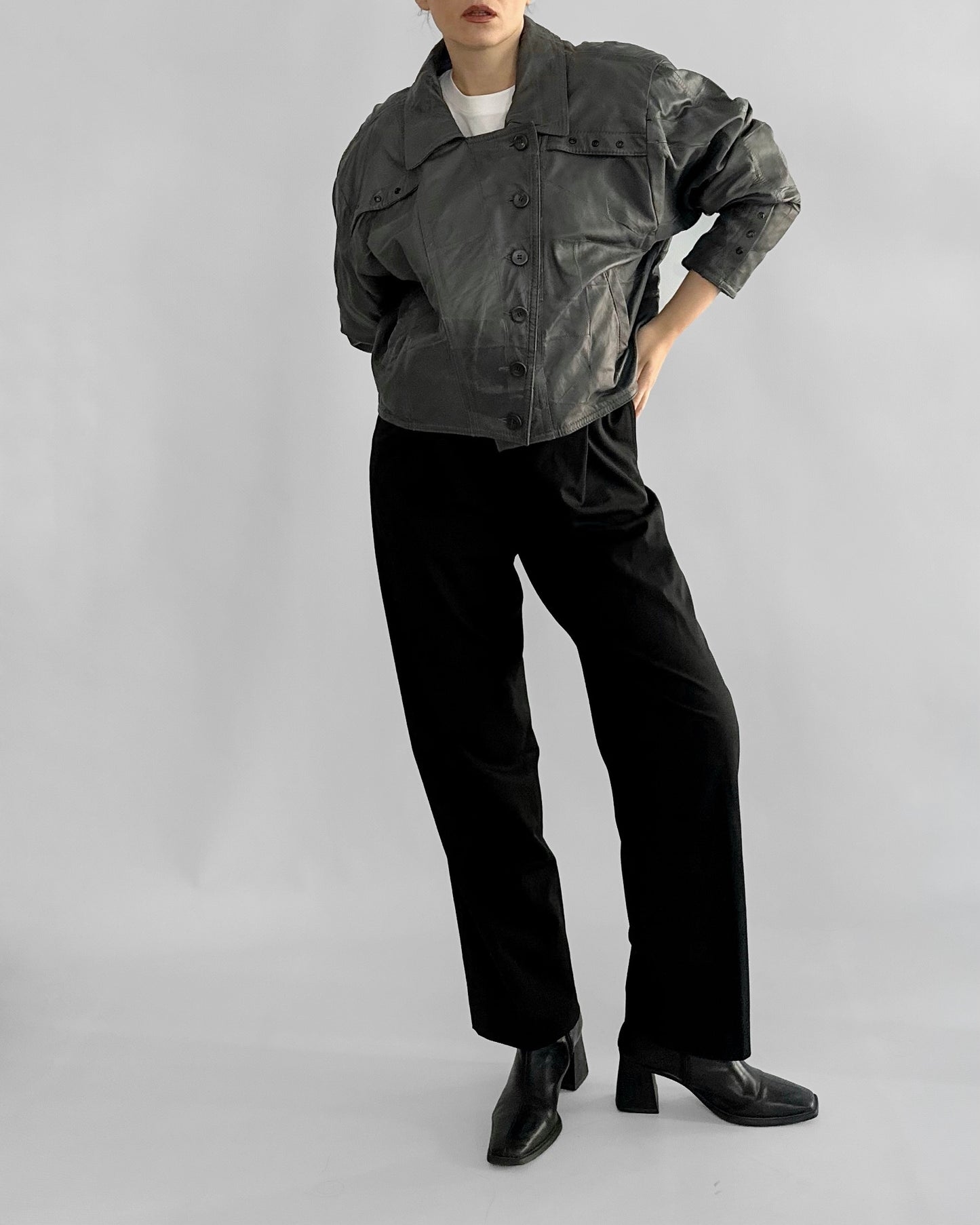 80s Grey Patchwork Leather Bomber Jacket