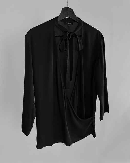 Theory Black Pure Silk Wrap Blouse