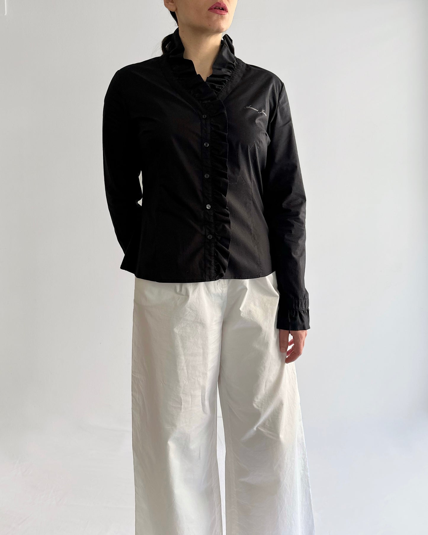 90s Armani Black Cotton Ruffle Blouse