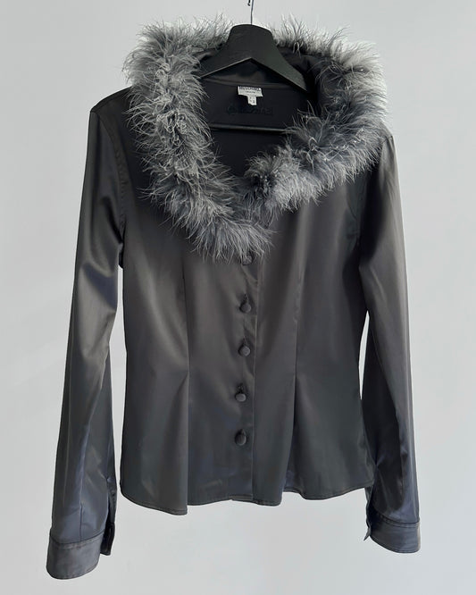 90s Moschino Feather Collar Grey Satin Shirt