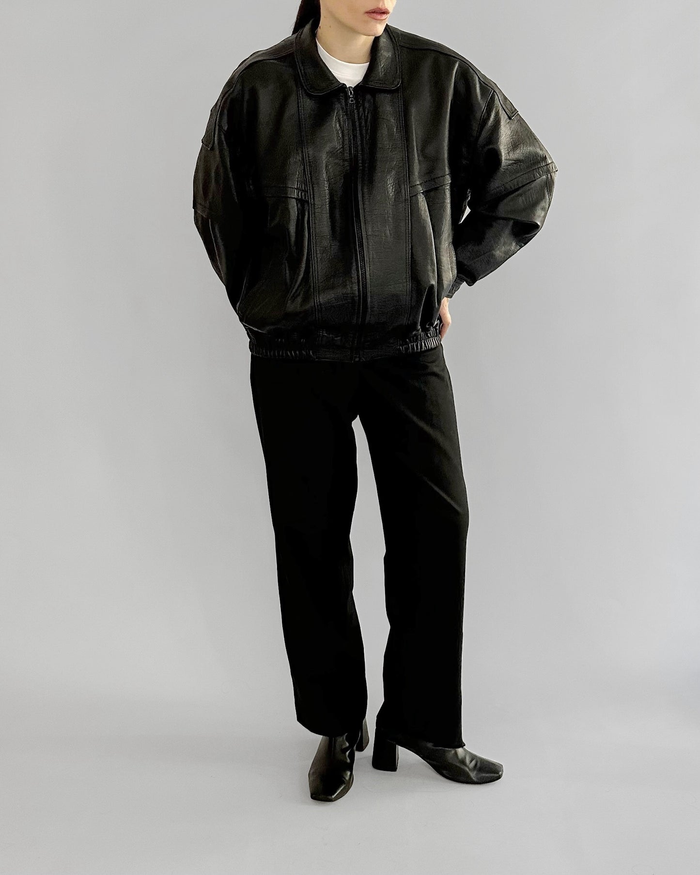 80s Black Sheepskin Leather Bomber Jacket