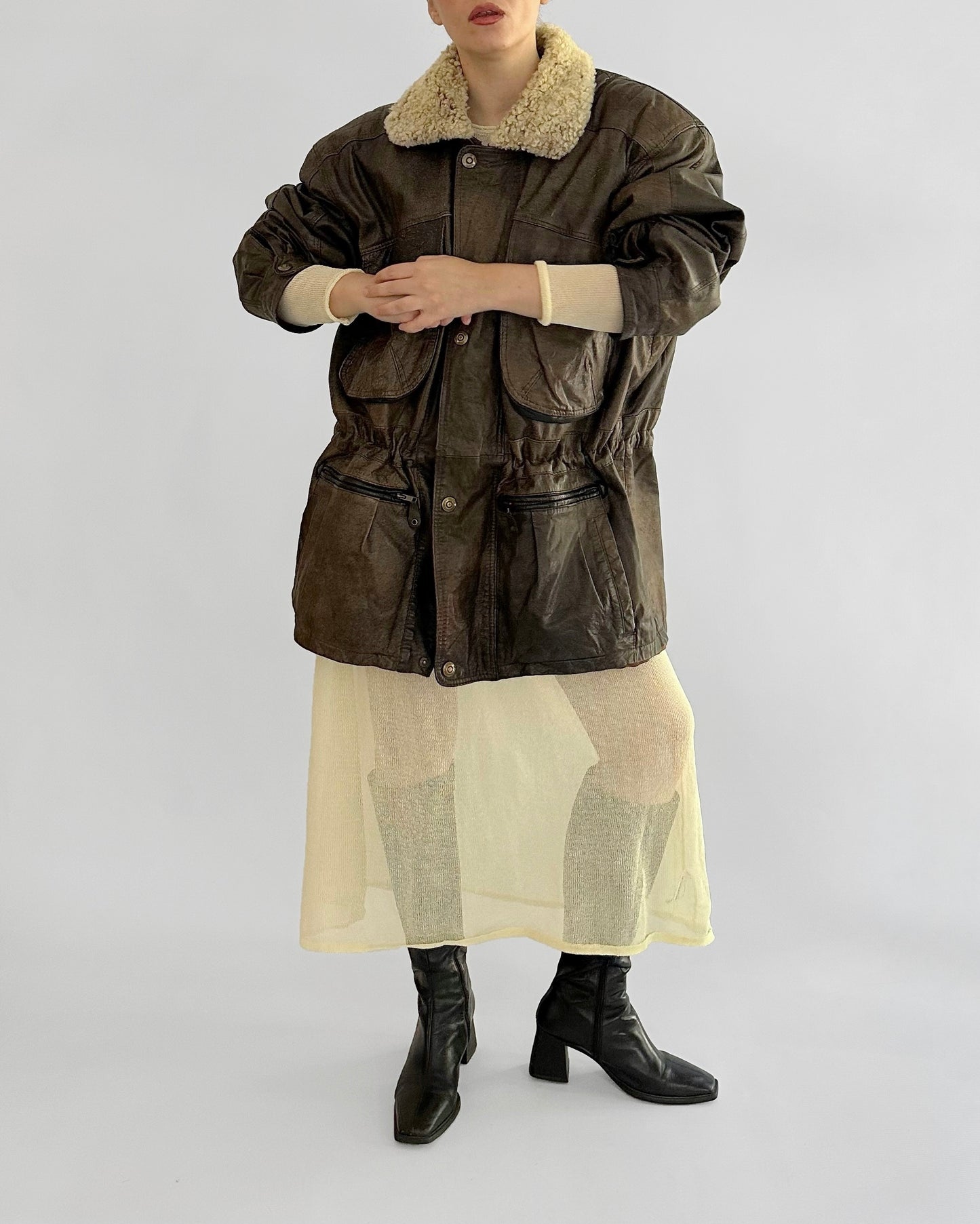 80s Brown Cowhide Leather Field Jacket – Detachable Shearling Collar