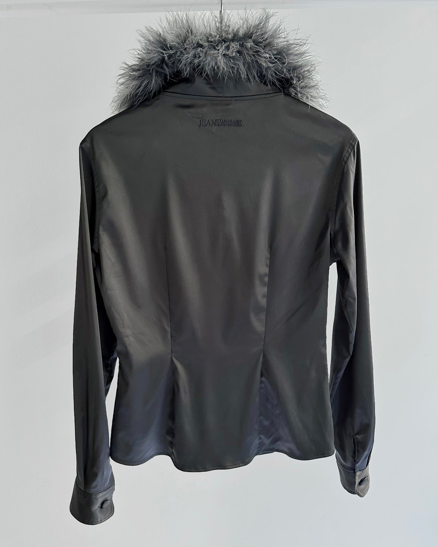 90s Moschino Feather Collar Grey Satin Shirt