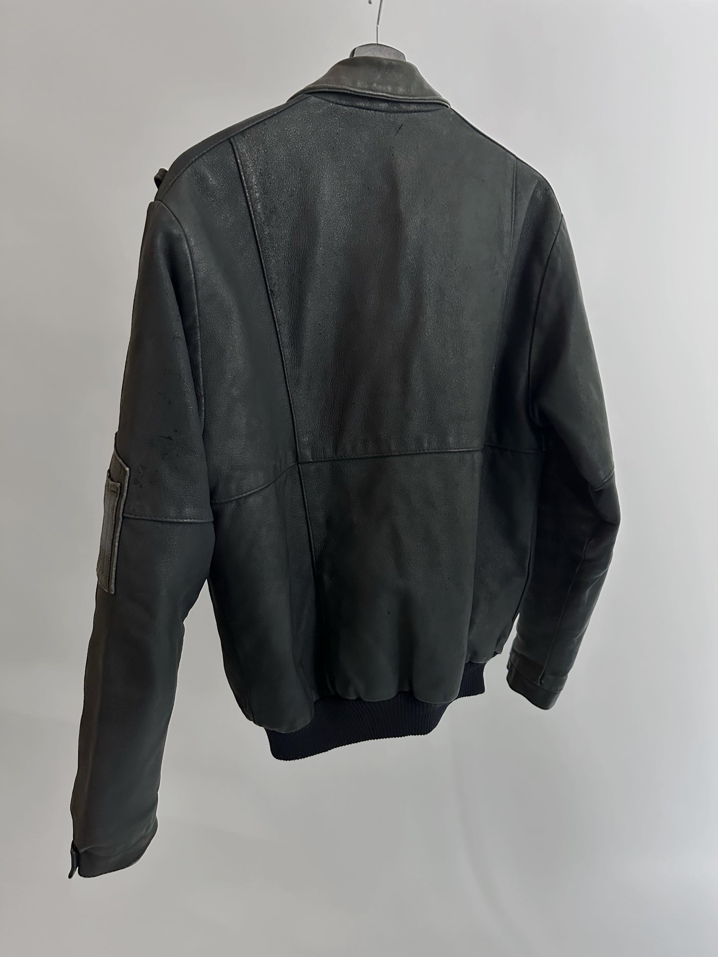 80s Dark Grey Leather Bomber Jacket