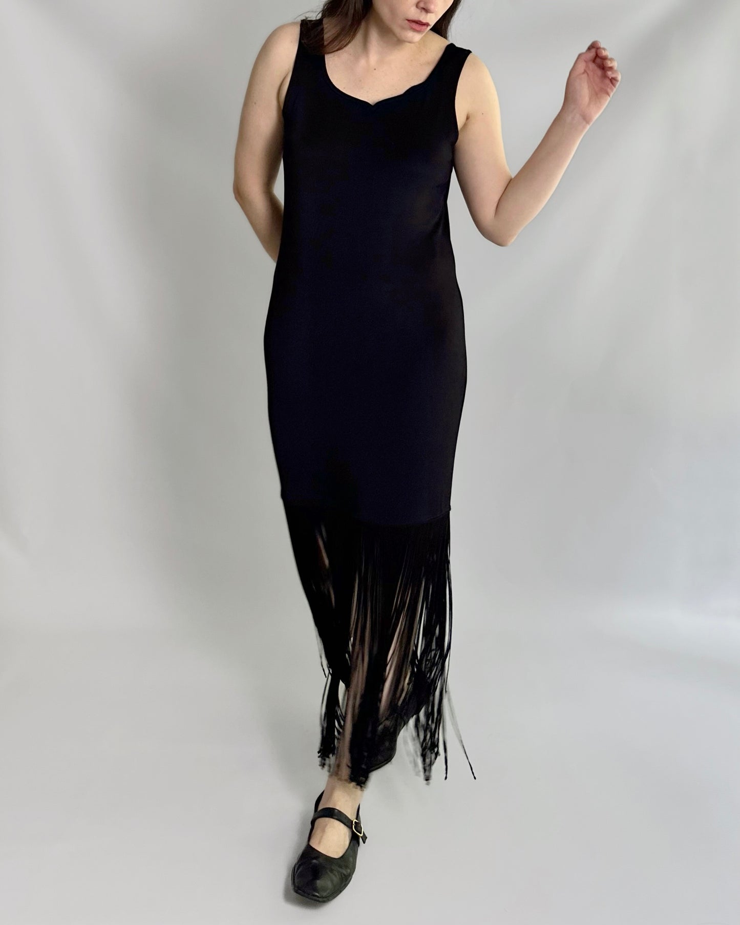 90s Black Fringe Hem Maxi Dress