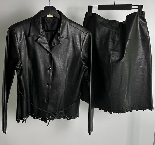 90s Black Eco Leather Skirt Suit
