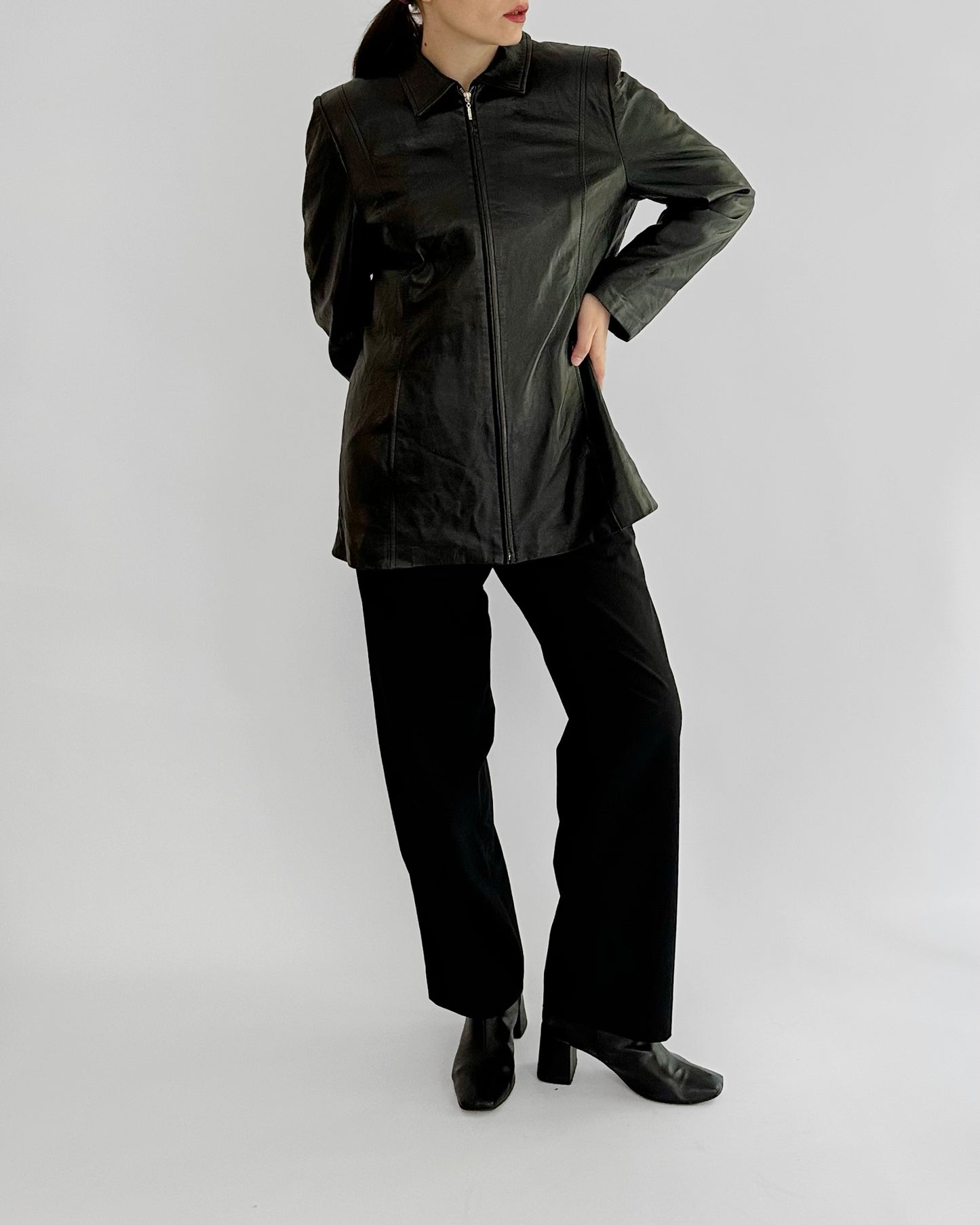 90s Black Sheepskin Zip-Up Leather Jacket