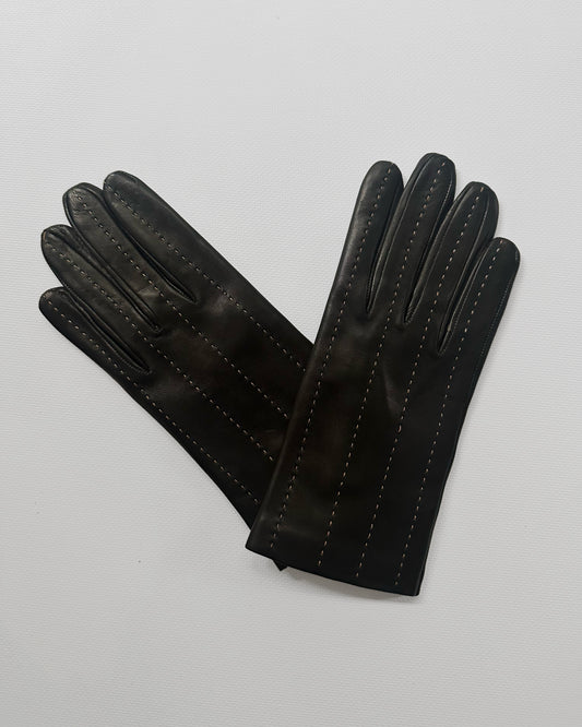 90s Black Beige Leather Gloves - Size 7 1/2, NOS