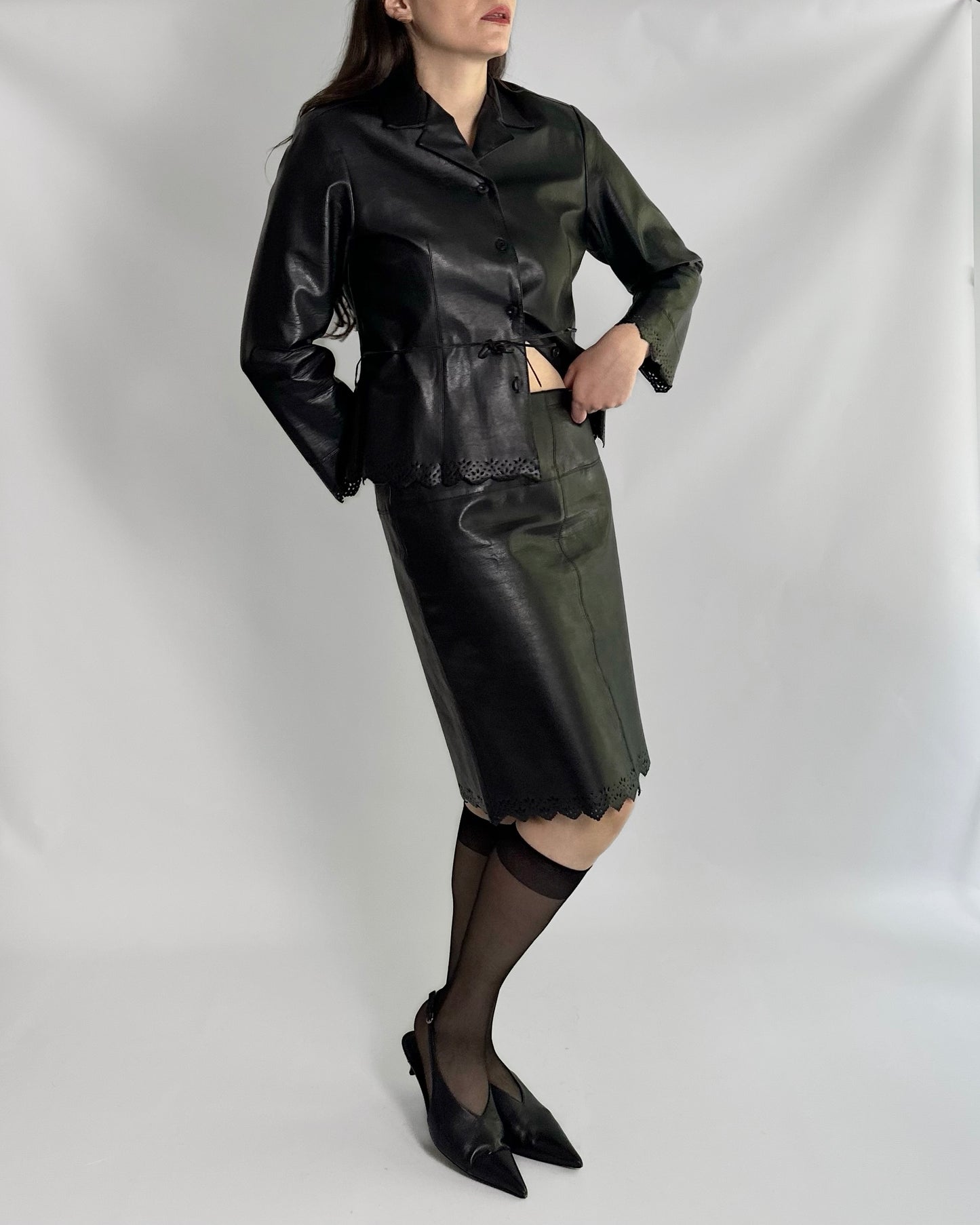 90s Black Eco Leather Skirt Suit