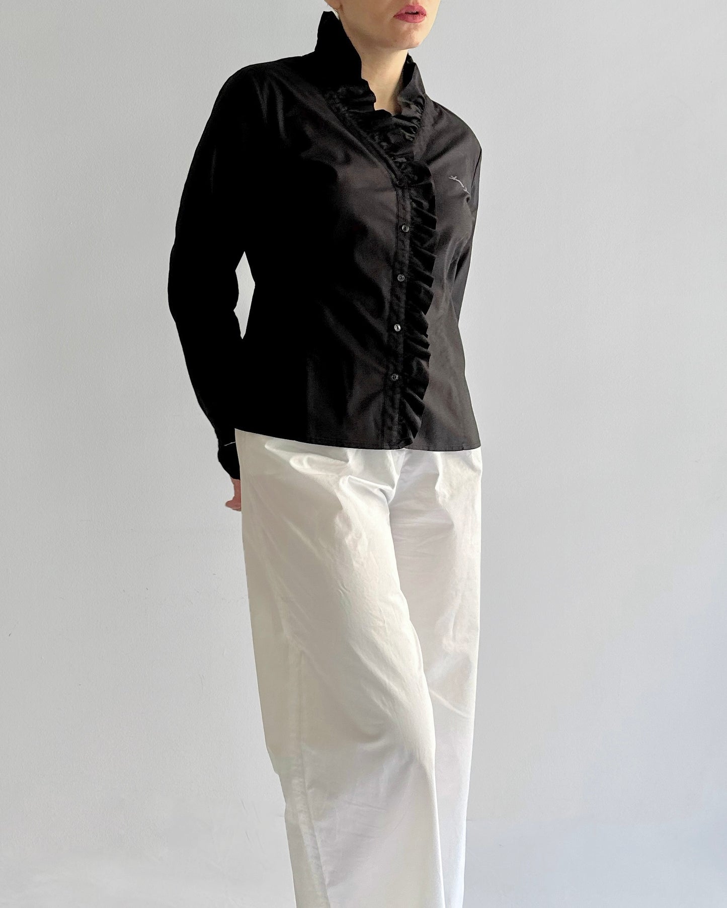 90s Armani Black Cotton Ruffle Blouse