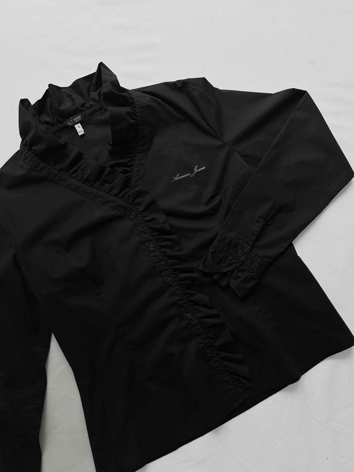 90s Armani Black Cotton Ruffle Blouse