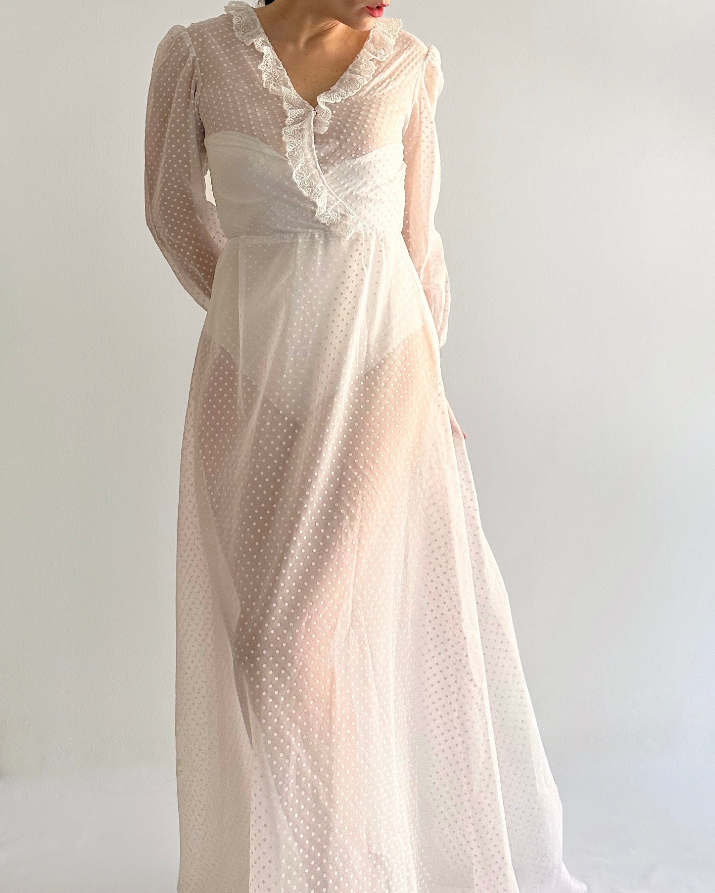 70s/80s Sheer White Polka Dot Dress