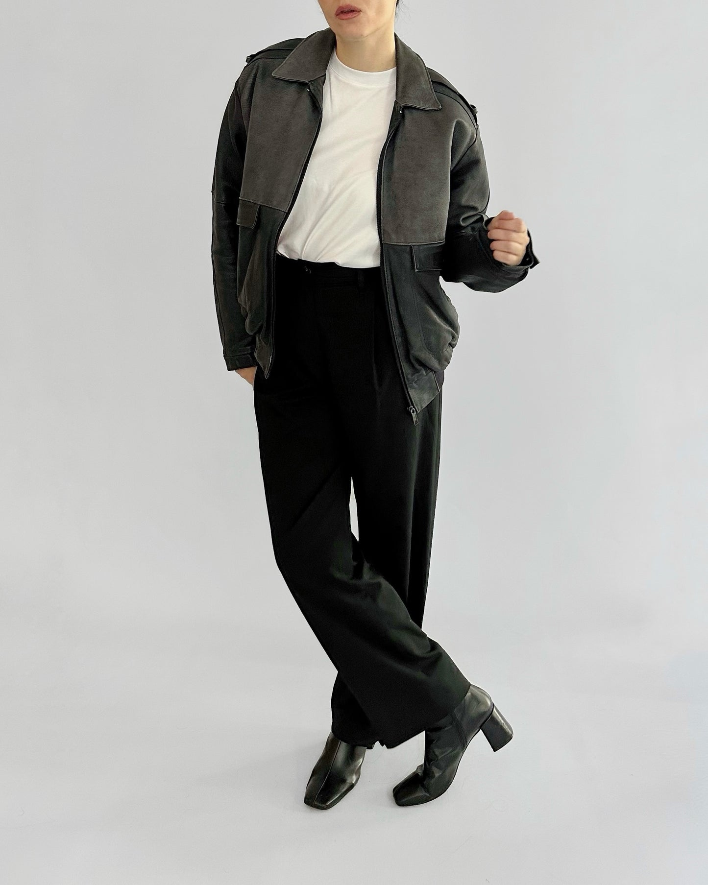 80s Dark Grey Leather Bomber Jacket