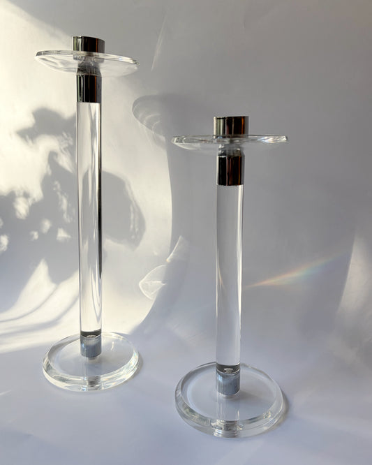 Vintage 1970s Lucite and Chrome Candlesticks