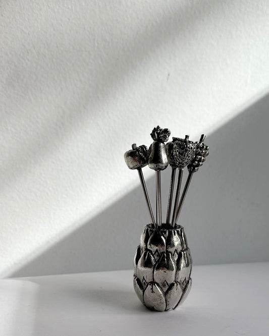 Vintage 1960s Silver Plated Cocktail Picks Set with Holder