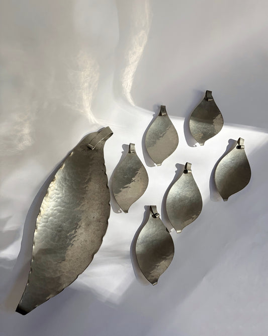 Vintage 1960s Hammered Pewter Leaf Serving Tray Set