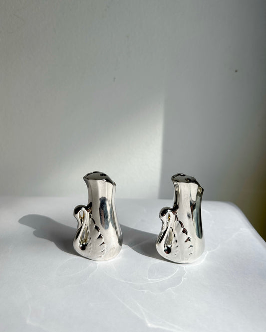 Vintage 1970s Silver Plated Swan Salt & Pepper Set with Caddy