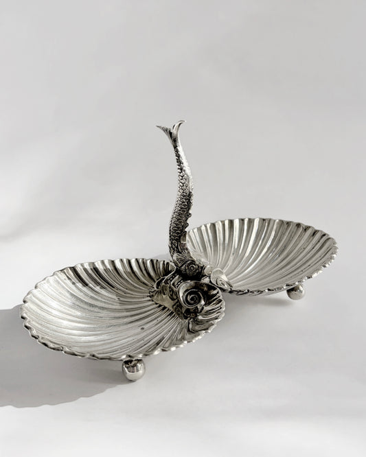 Vintage Double Scallop Shell Dish with Fish Handle