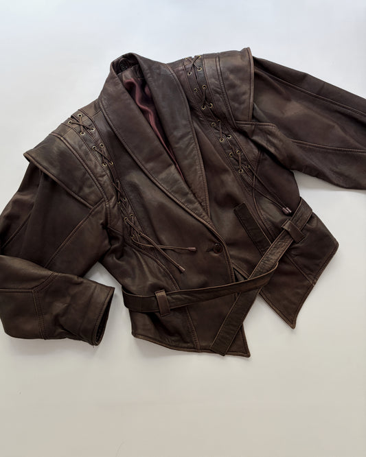 Vintage 1980s Brown Lace-Up Belted Leather Jacket