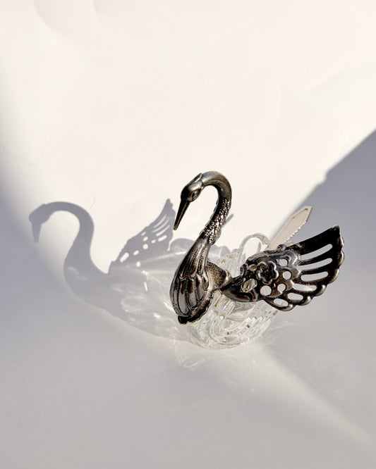 Vintage 1960s Silver Plated Swan Salt Cellar with Spoon