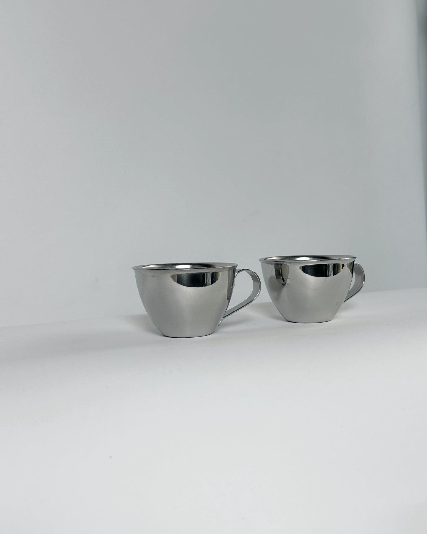 Vintage 1970s Italian Stainless Steel Espresso Cups & Saucers (Nanni P&B) – Set of 2 (3 Sets Available)