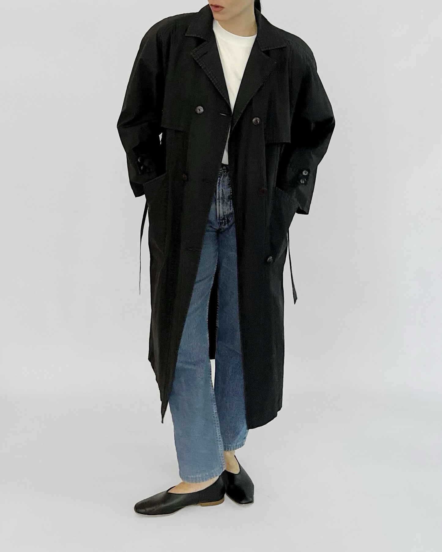 90s Black Belted Trench Coat