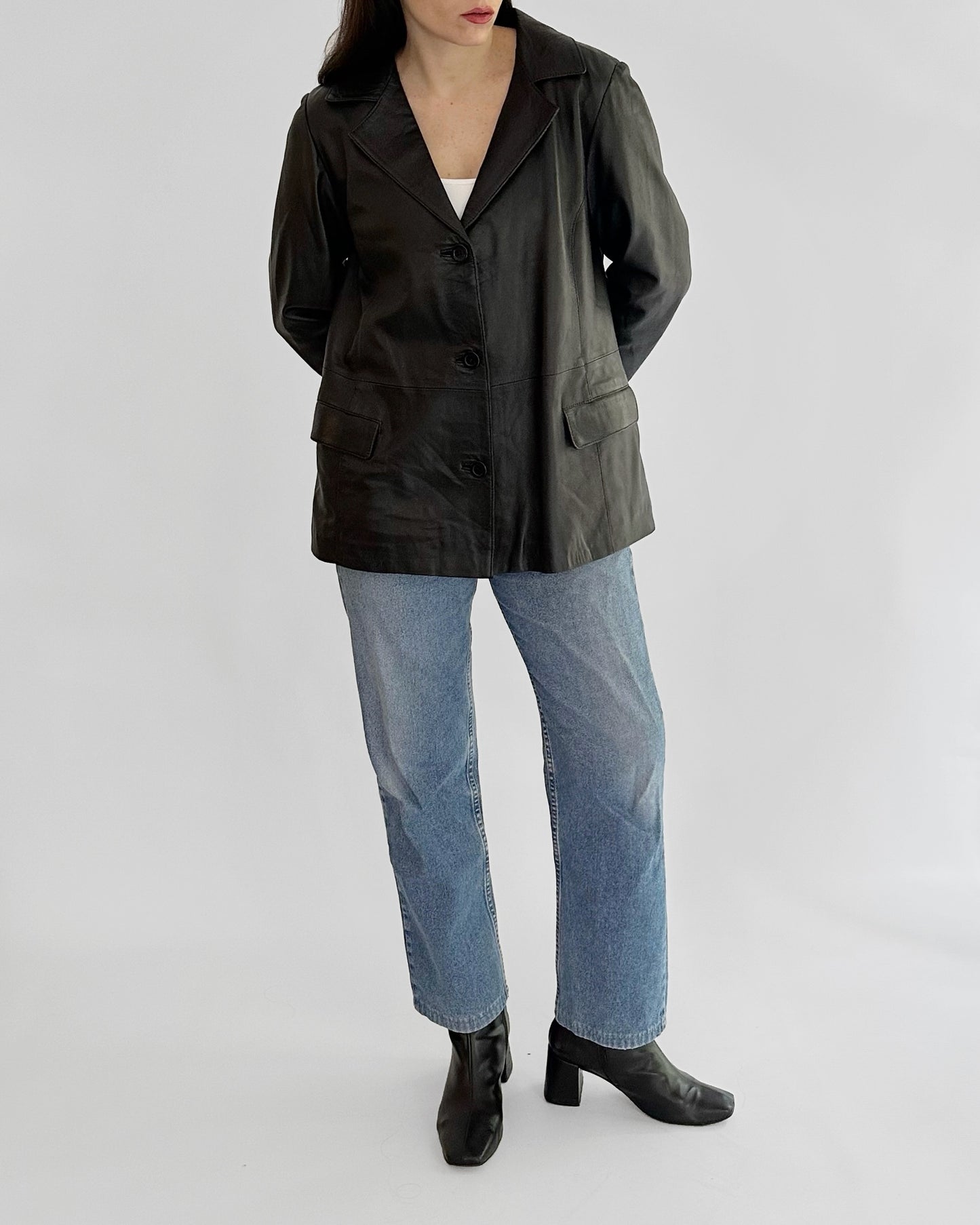 90s Black Sheepskin Leather Blazer