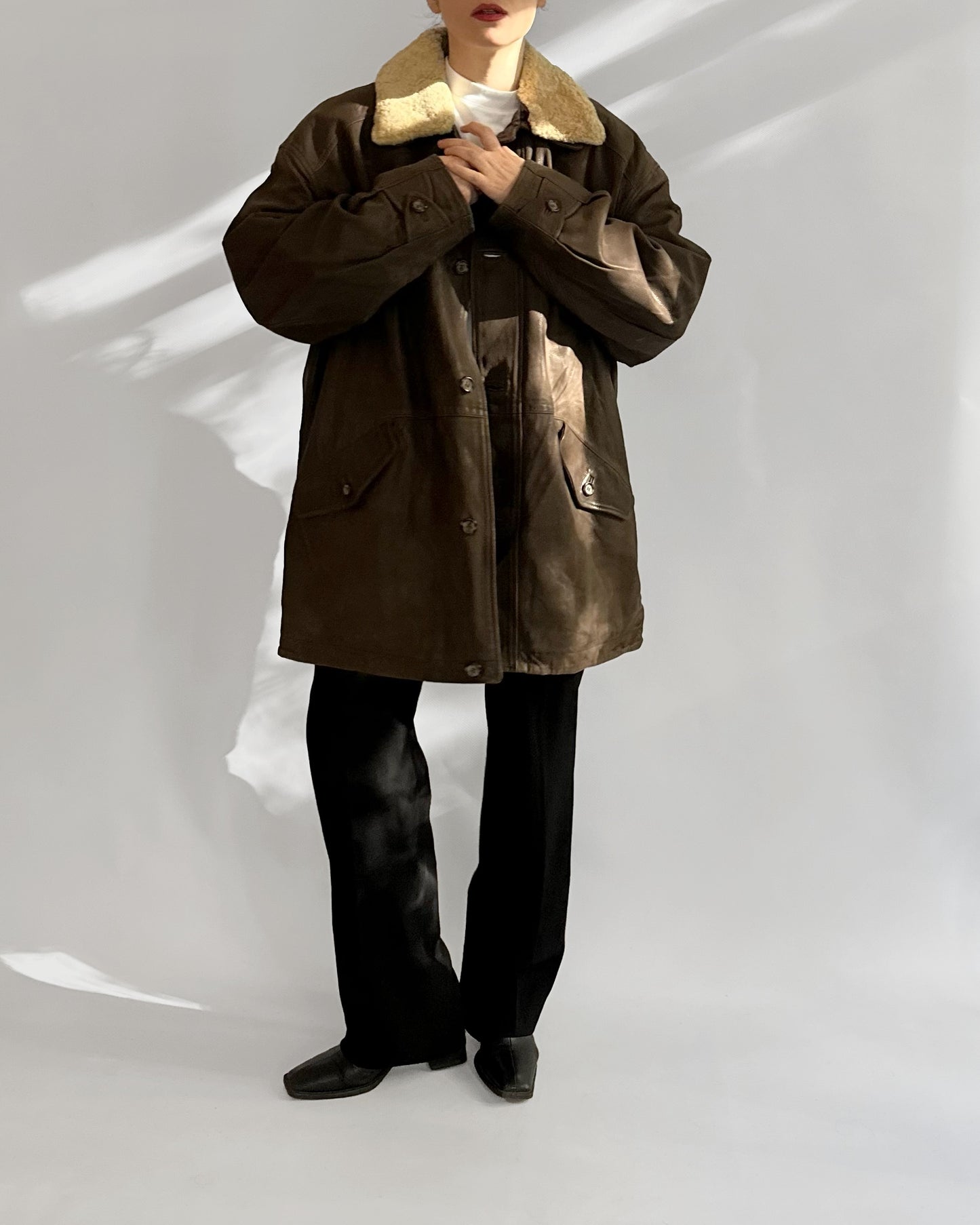 80s Brown Leather Jacket w/ Faux Shearling Collar