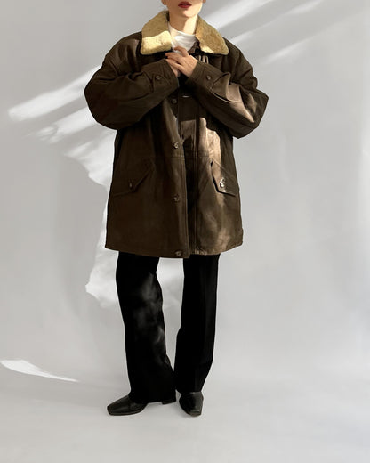 80s Brown Leather Jacket w/ Faux Shearling Collar